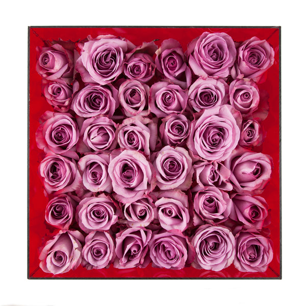 Shown from top, 3 dozen roses in garnet red acrylic box