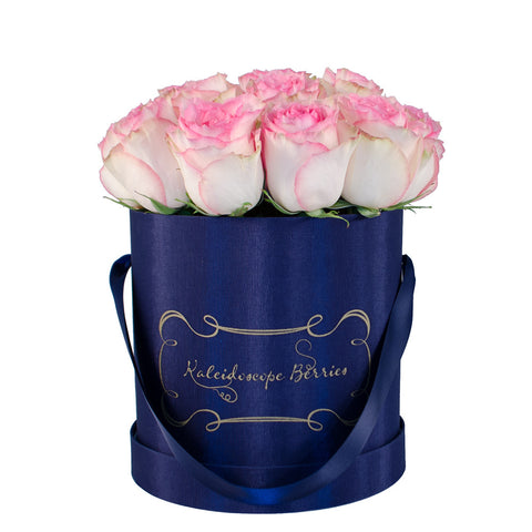 Positano - Navy Blue Hatbox with Pink Tip Roses