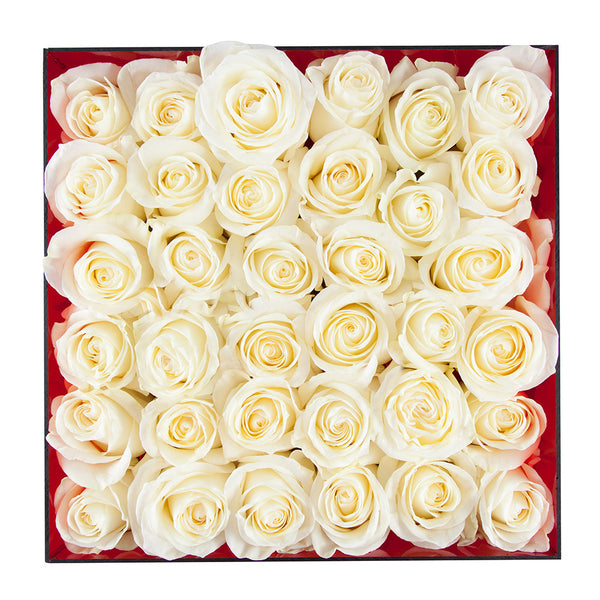 square arrangement of white roses in an acrylic case