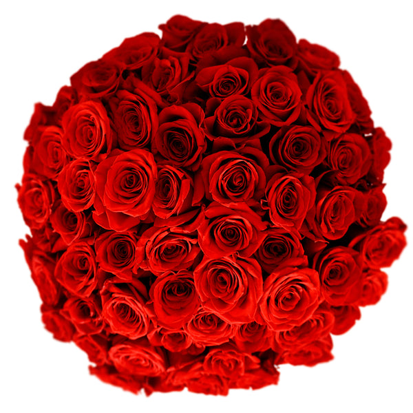Round cluster of dozens of roses in a hat box viewed from the top