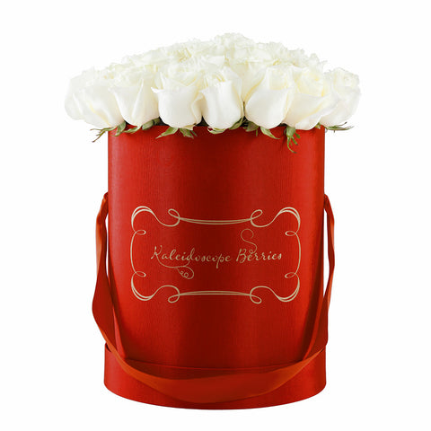 Blooms in Scarlet -  Cardinal Red Hat Box With Bouquet of Marfil White Roses