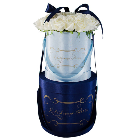 Little Boy Blue - Light Blue Hatbox With White Roses Stacked on Navy Hatbox