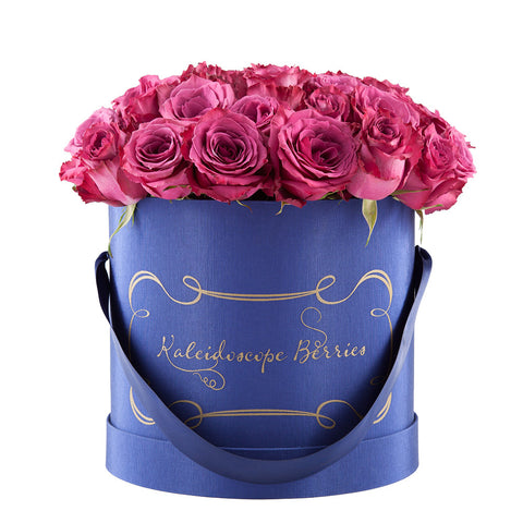 Plum Skies - Indigo Blue Hat Box With Bouquet of Blueberry Roses