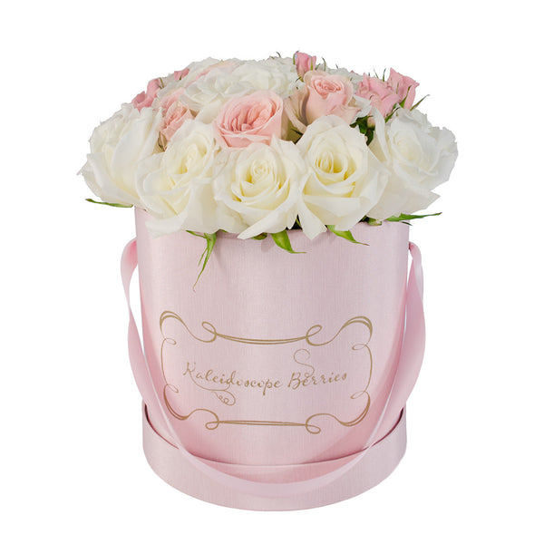 pink spray roses white roses pink hatbox