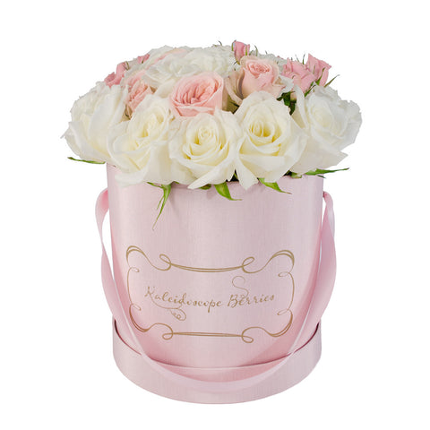 White Cotton Pink Candy -  Pink Hatbox with Pink and White Roses