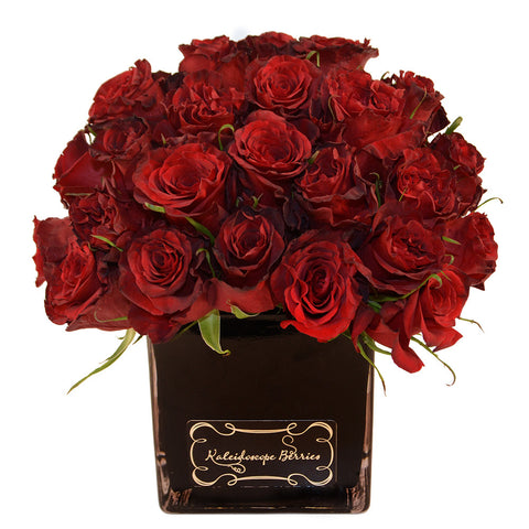 Film Noir - Black Square Vase with Deep Red Roses