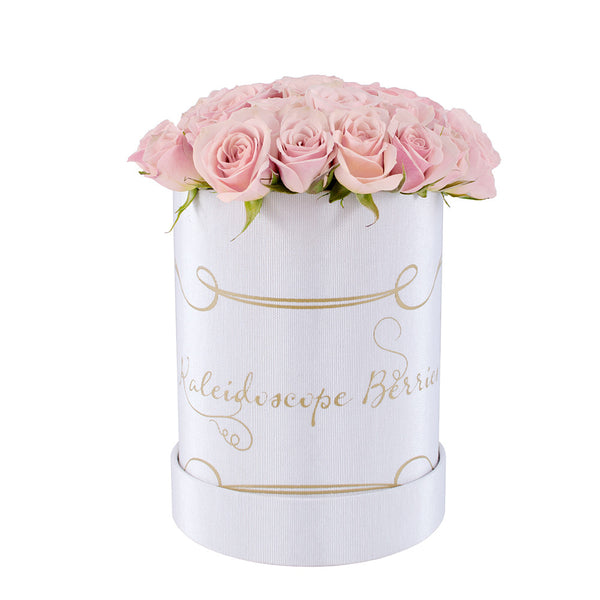 Pink mini spray roses in white hat box